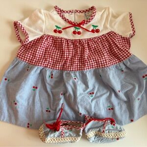 Vintage Cherry-Themed Red and Blue BABY Dress with matching shoes Size 6-9mos